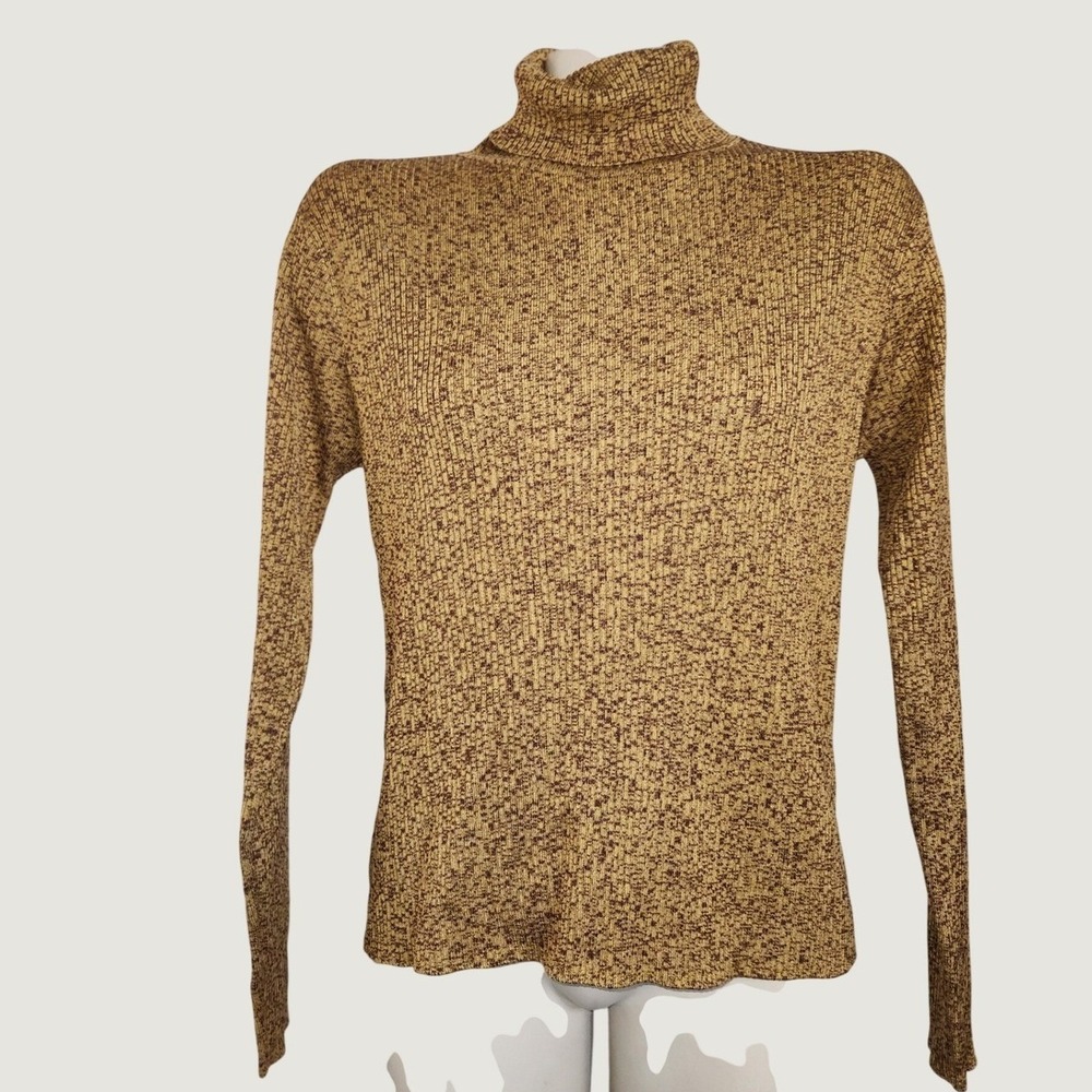 Carlisle 100% Silk Turtleneck Sweater Womens Large Gold Brown Marled Ribbed Knit